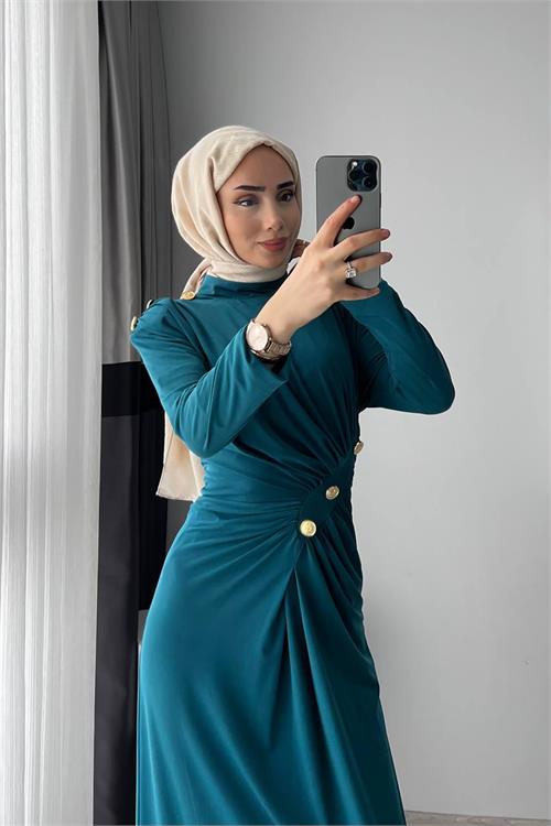 XXL Butik kadın sandy kumaş düğmeli tesettür elbise X-NMS046 