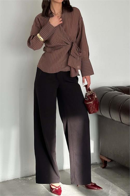 Kadın Kahvrengi Çizgili Kruvaze Bağlama Detaylı Gömlek ESR064 