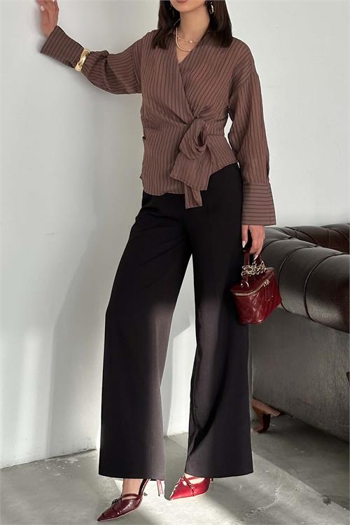 Kadın Kahvrengi Çizgili Kruvaze Bağlama Detaylı Gömlek ESR064 