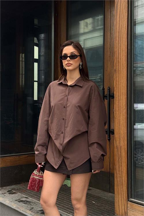 Kadın Kahve Oversize Gömlek Uzun Kollu Tasarım Model ESR078