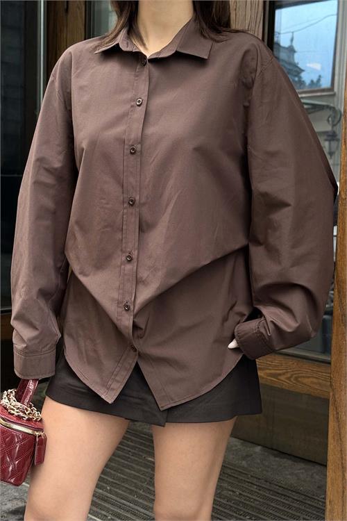 Kadın Kahve Oversize Gömlek Uzun Kollu Tasarım Model ESR078