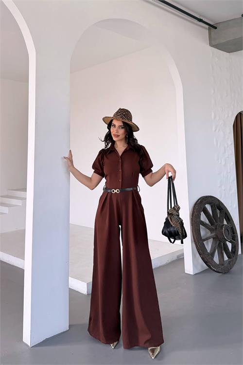 Kadın kahverengi likralı palazzo maxi tulum  X-NBK4197
