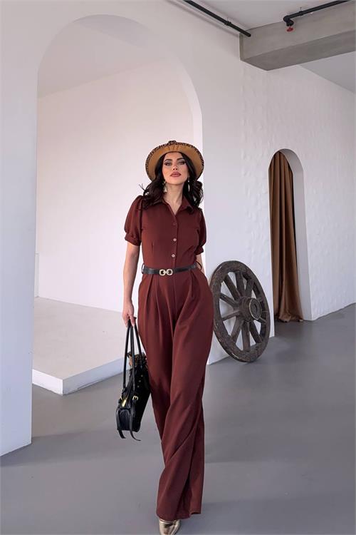 Kadın kahverengi likralı palazzo maxi tulum  X-NBK4197