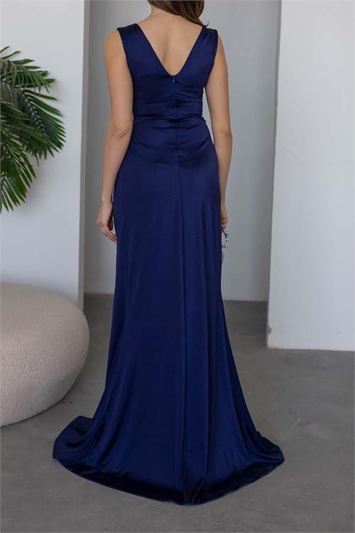 Kadın Lacivert V Yaka Taş Detaylı Yırtmaçlı Uzun Abiye Elbise ESR0105 
