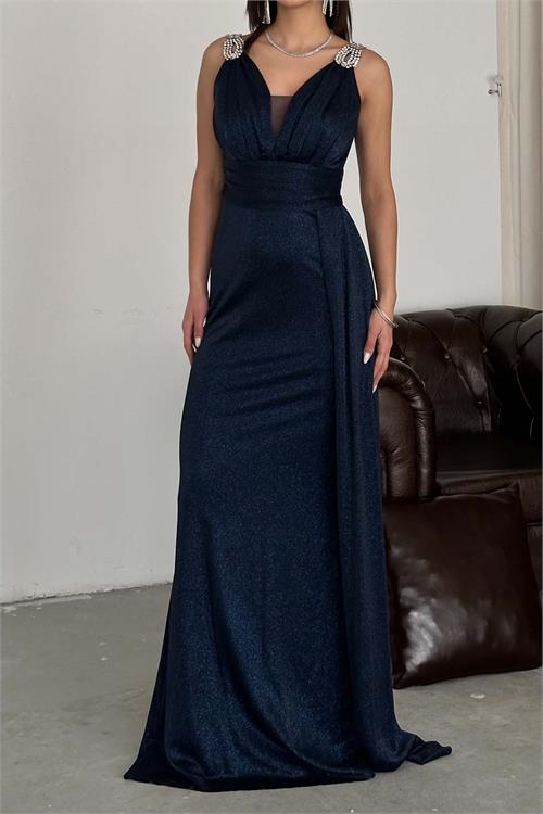 Kadın Lacivert Simli Kumaş Büyük Beden Abiye Elbise ESR073 