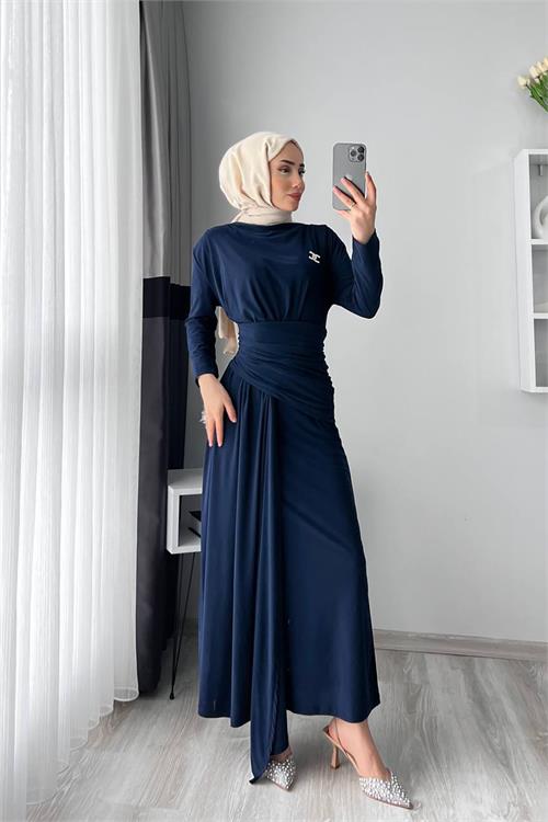 XXL Butik kadın lacivert likralı drapeli tesettür elbise X-NMS047 