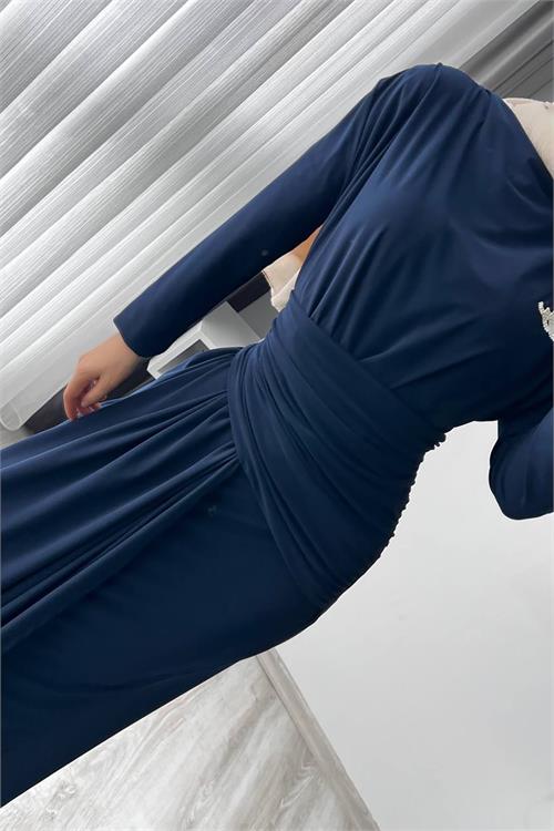 XXL Butik kadın lacivert likralı drapeli tesettür elbise X-NMS047 