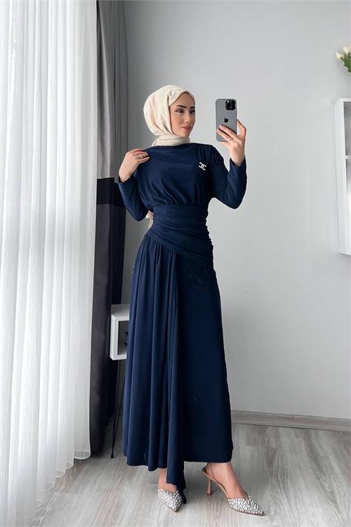 XXL Butik kadın lacivert likralı drapeli tesettür elbise X-NMS047 