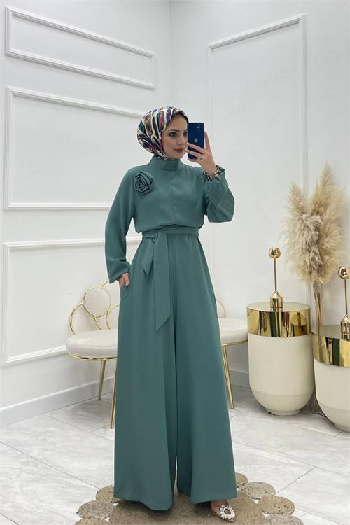 XXL Butik kadın çıkarılabilir broş gül detaylı tesettür tulum X-NMS003 