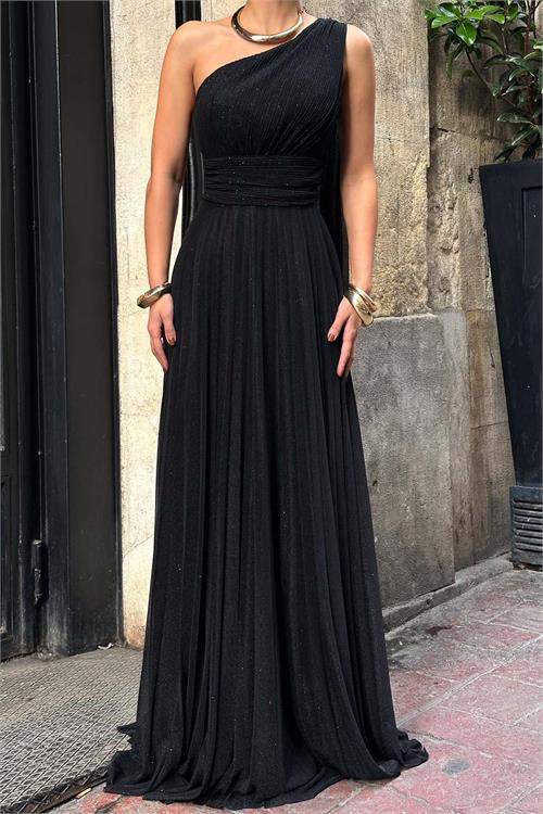 Kadın Siyah Tek Omuz Simli Kumaş Işıltılı Maxi Abiye Elbise ESR030 