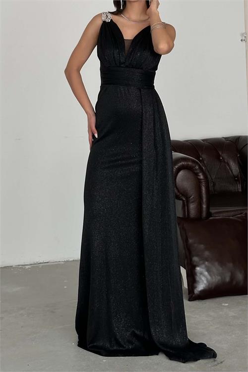 Kadın Siyah Simli Kumaş Büyük Beden Abiye Elbise ESR073 