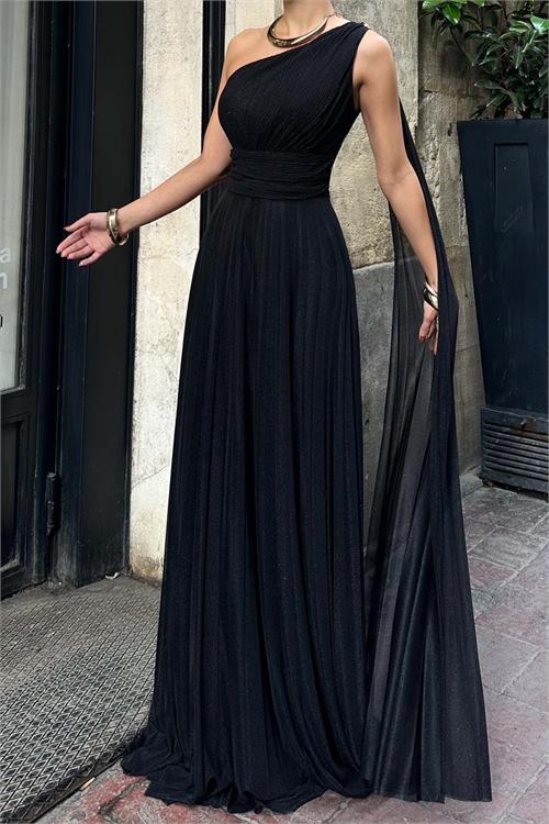 Kadın Siyah Tek Omuz Simli Kumaş Işıltılı Maxi Abiye Elbise ESR030 