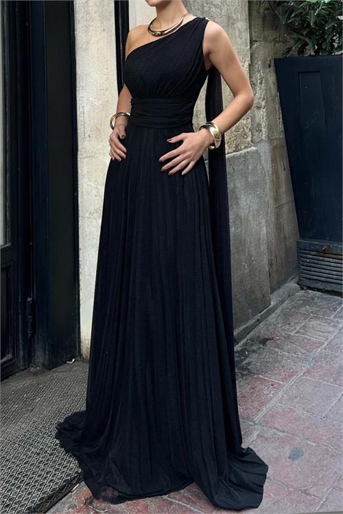 Kadın Siyah Tek Omuz Simli Kumaş Işıltılı Maxi Abiye Elbise ESR030 