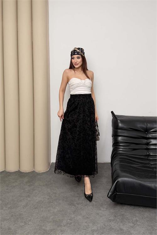 Kadın Siyah Astarlı Tül Detaylı Beli Lastikli Etek ESR081 