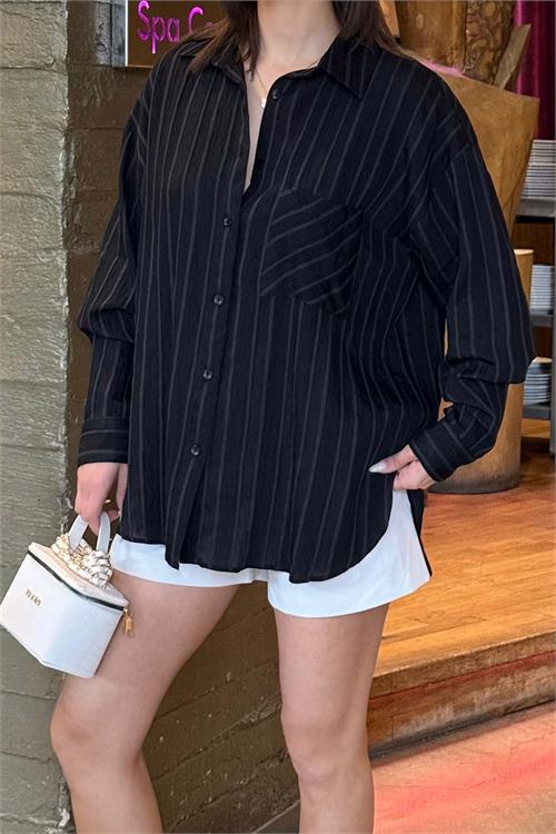 Kadın Siyah Çizgili Oversize Gömlek – Günlük Şık Kombin ESR079