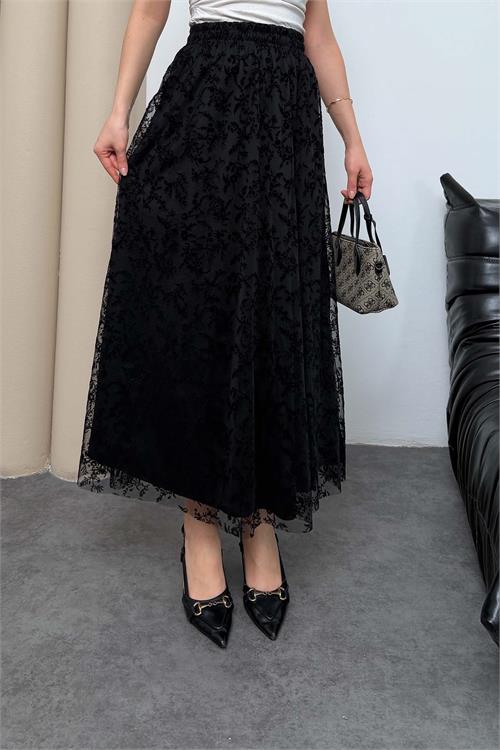 Kadın Siyah Astarlı Tül Detaylı Beli Lastikli Etek ESR081 