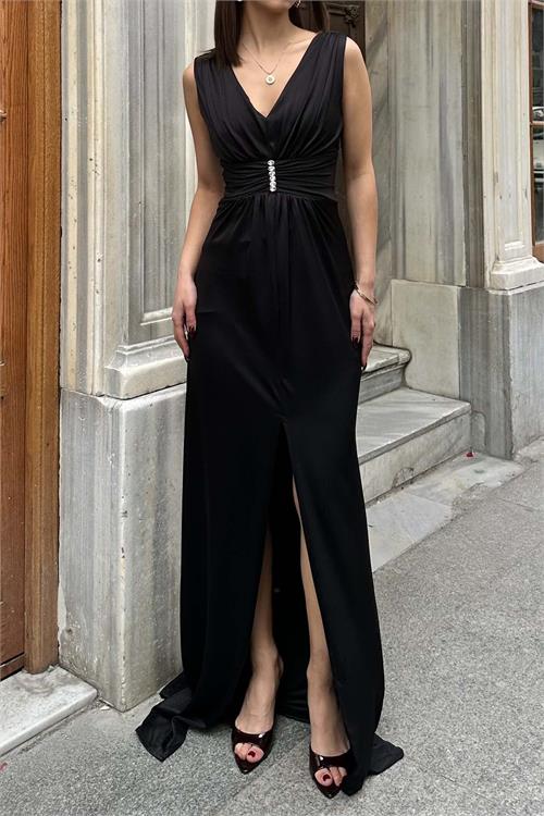 Kadın Siyah V Yaka Taş Detaylı Yırtmaçlı Uzun Abiye Elbise ESR0105 