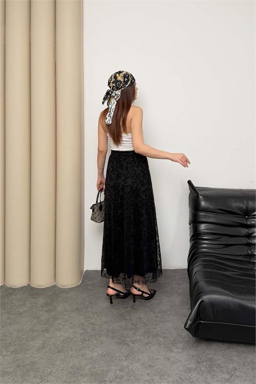 Kadın Siyah Astarlı Tül Detaylı Beli Lastikli Etek ESR081 