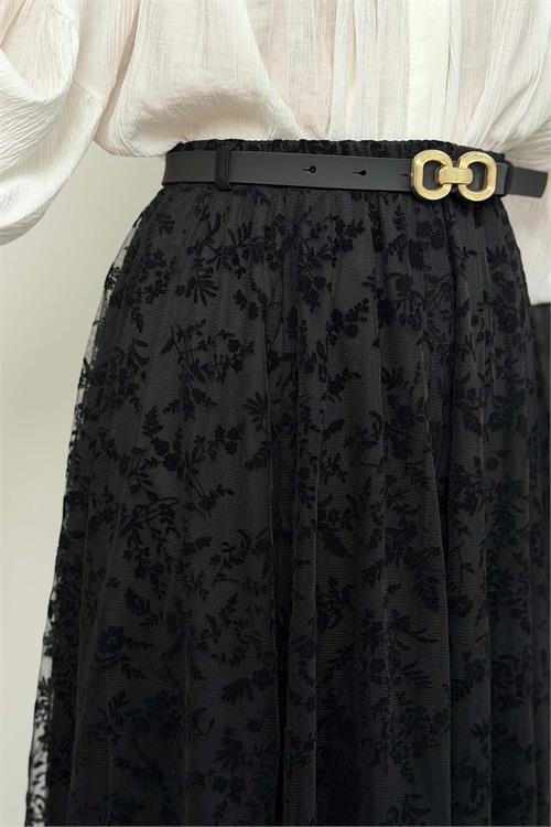 Kadın Siyah Kemerli Tül Detaylı Uzun Etek ESR082 