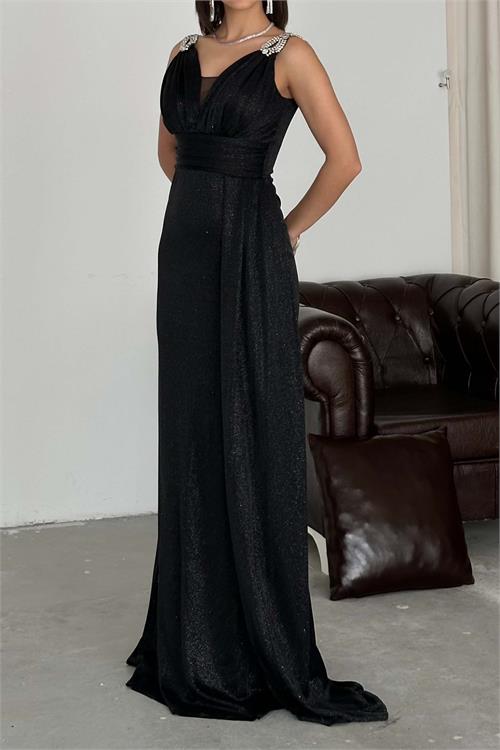 Kadın Siyah Simli Kumaş Büyük Beden Abiye Elbise ESR073 