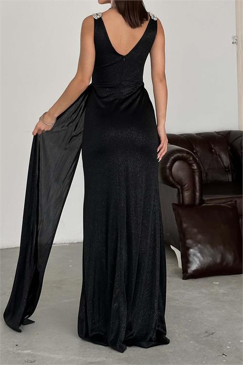 Kadın Siyah Simli Kumaş Büyük Beden Abiye Elbise ESR073 