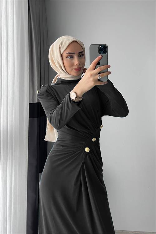 XXL Butik kadın sandy kumaş düğmeli tesettür elbise X-NMS046 