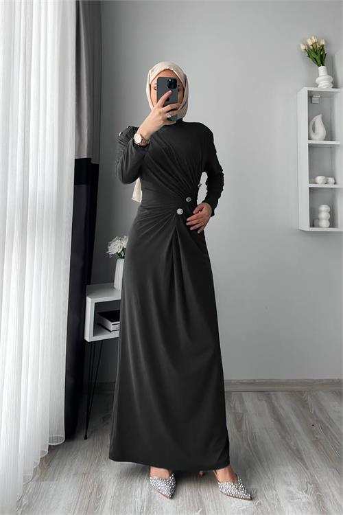 XXL Butik kadın sandy kumaş düğmeli tesettür elbise X-NMS046 