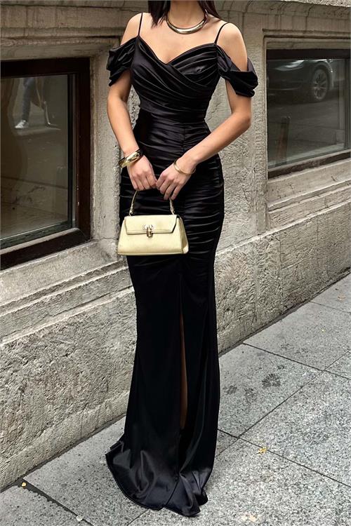 Siyah Saten Drapeli Uzun Abiye Elbise | Askılı Gece Elbisesi ESR036 