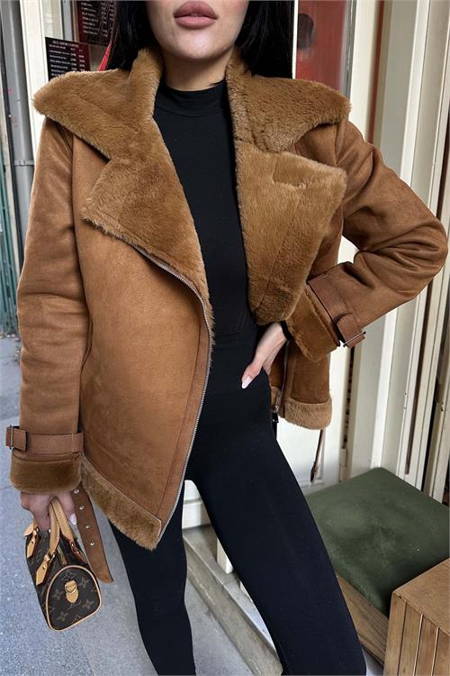 Kadın Taba İçi Kürk Kemerli Süet Ceket ESR007 