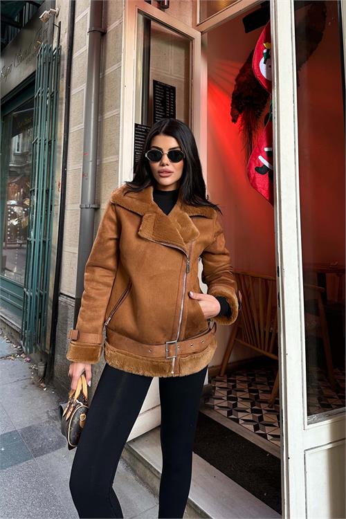 Kadın Taba İçi Kürk Kemerli Süet Ceket ESR007 