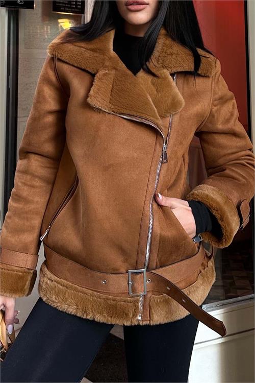 Kadın Taba İçi Kürk Kemerli Süet Ceket ESR007 