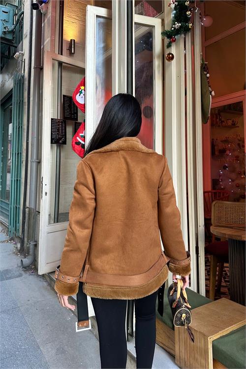 Kadın Taba İçi Kürk Kemerli Süet Ceket ESR007 